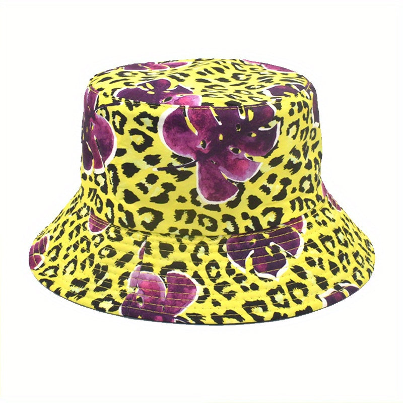 Leaf Leopard Print Bucket Hat Reversible Sunscreen