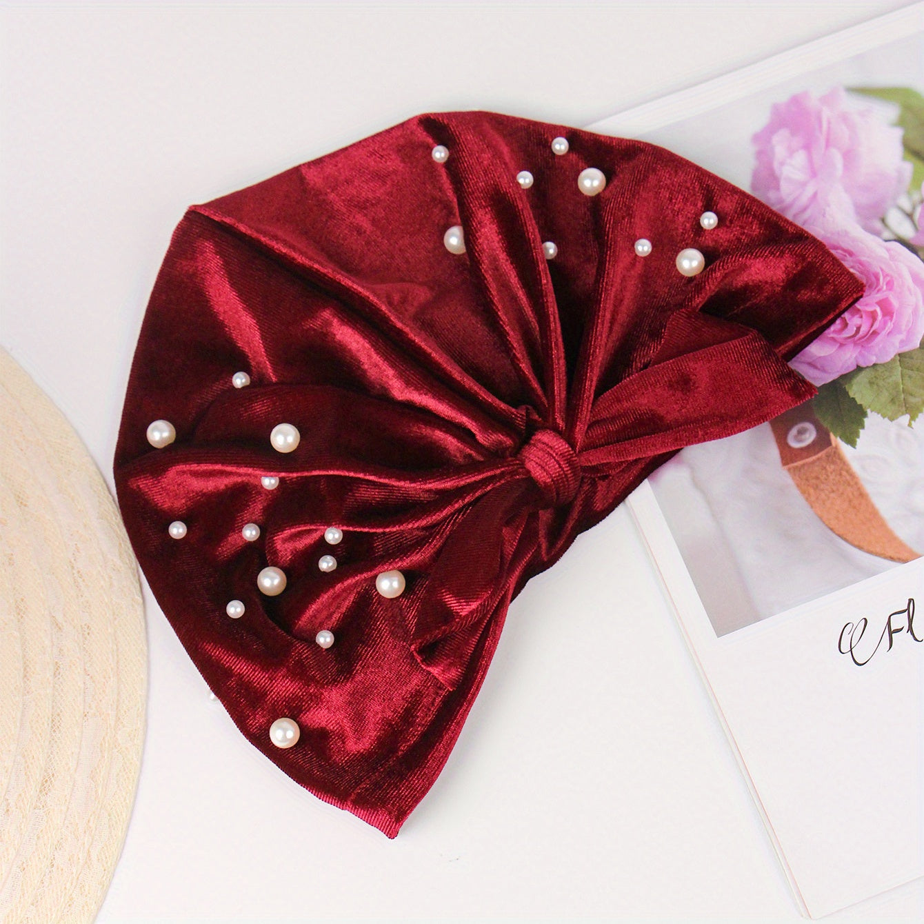 Velvet Bow Turban Hat Rhinestone Elastic Head Wrap