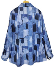  Denim Print Long Sleeve Button Up Shirt Top