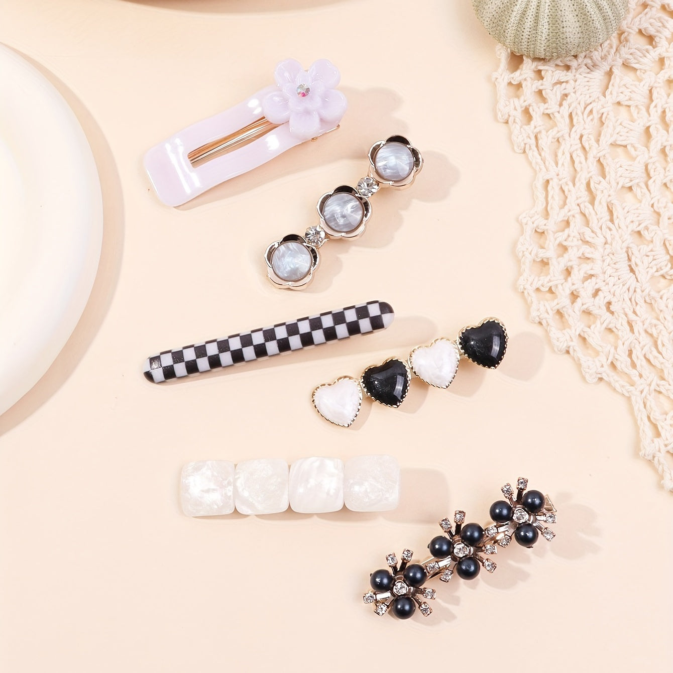 6pcs Checkered Flower Hair Clips Bobby Pins Non Slip Hair Accessories
