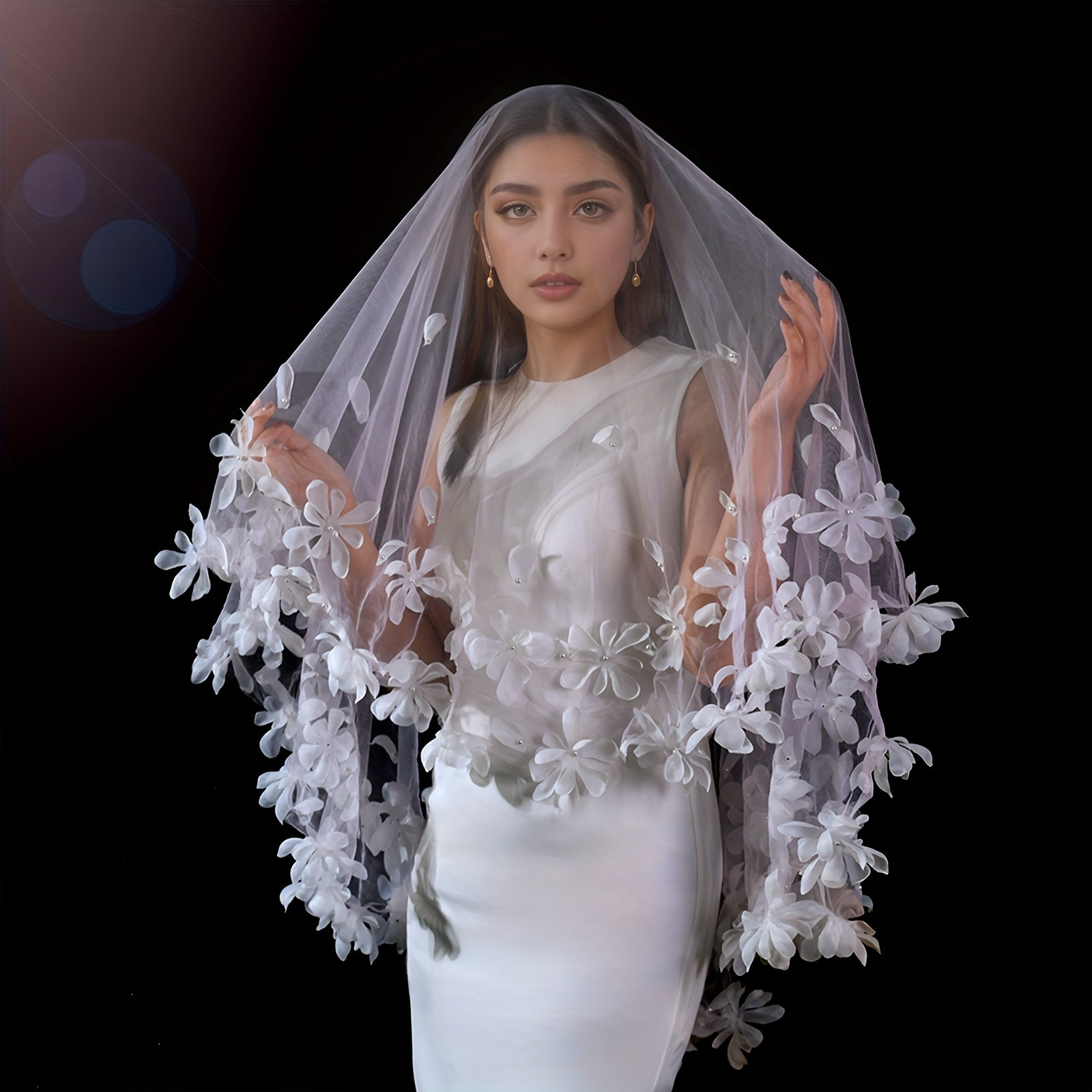 Romantic Single Layer Bridal Veil with 3D Beaded Flowers Wedding Accessory