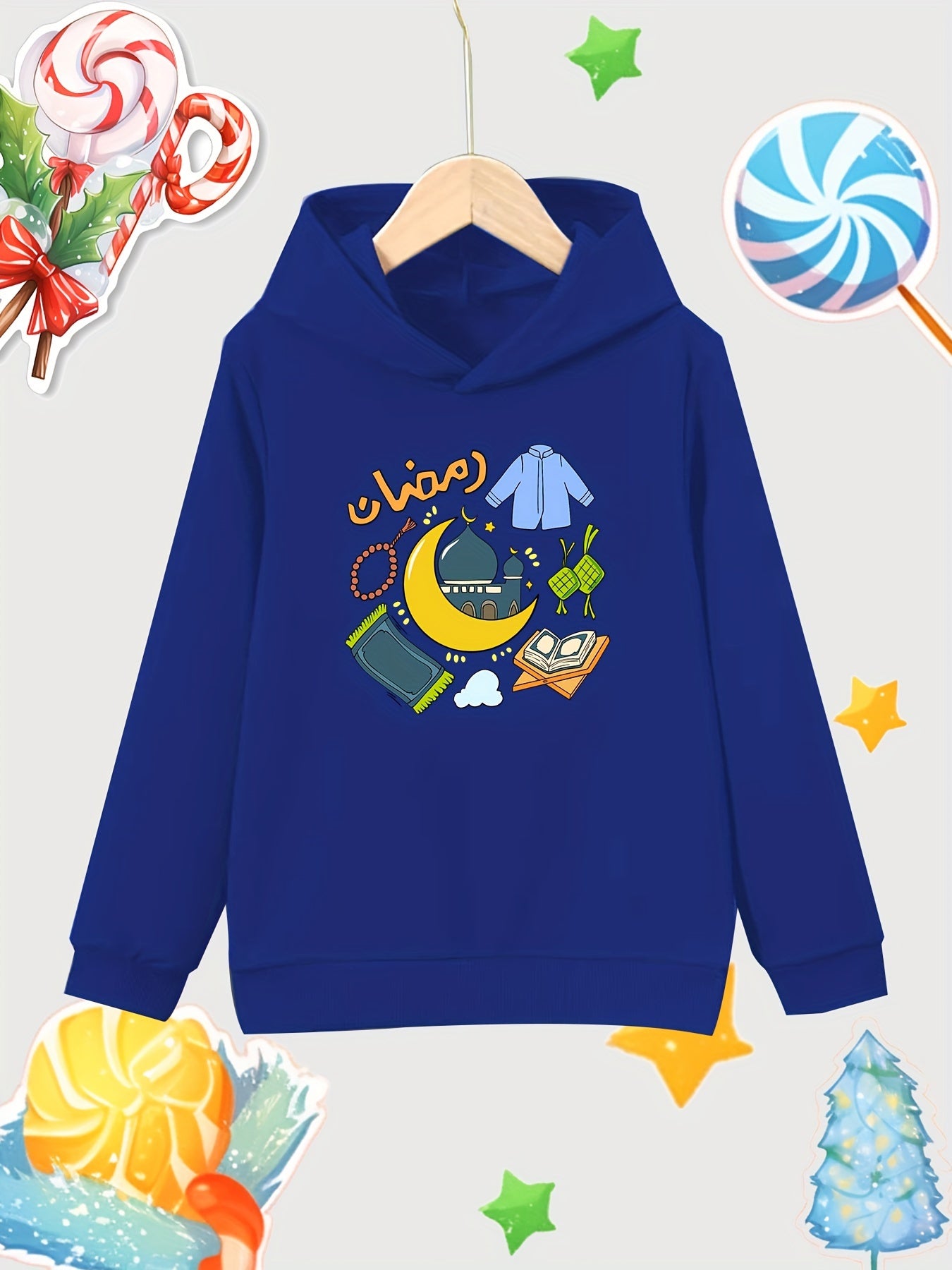 Moon & Items Pattern Girl's Cotton Hoodie Active Slightly Stretch