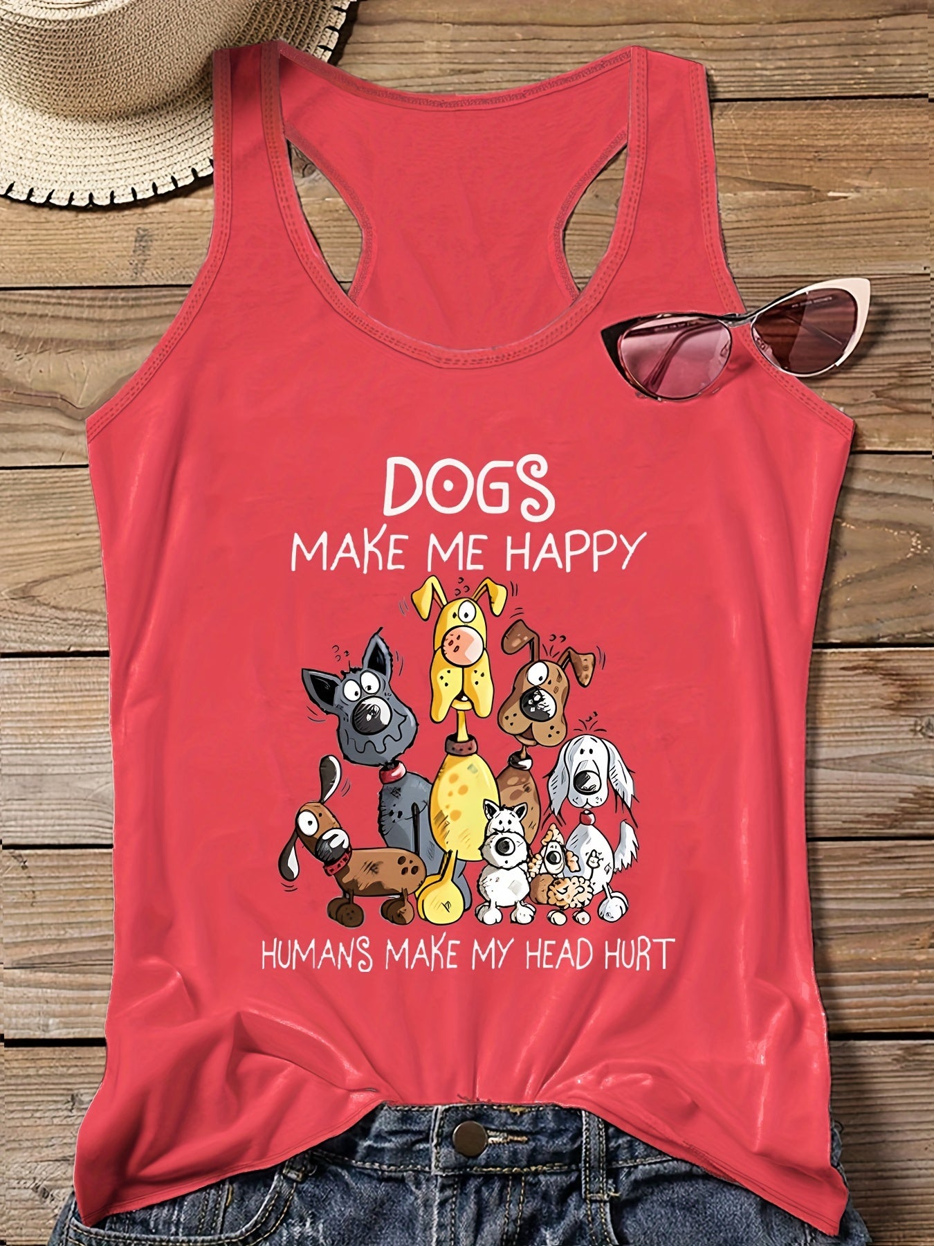  Cartoon Dog Print Round Neck Stretch Vest Top