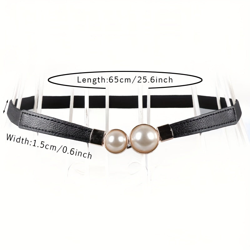 Faux Pearl Buckle Belt Women PU Leather Waist Elastic Thin Belts