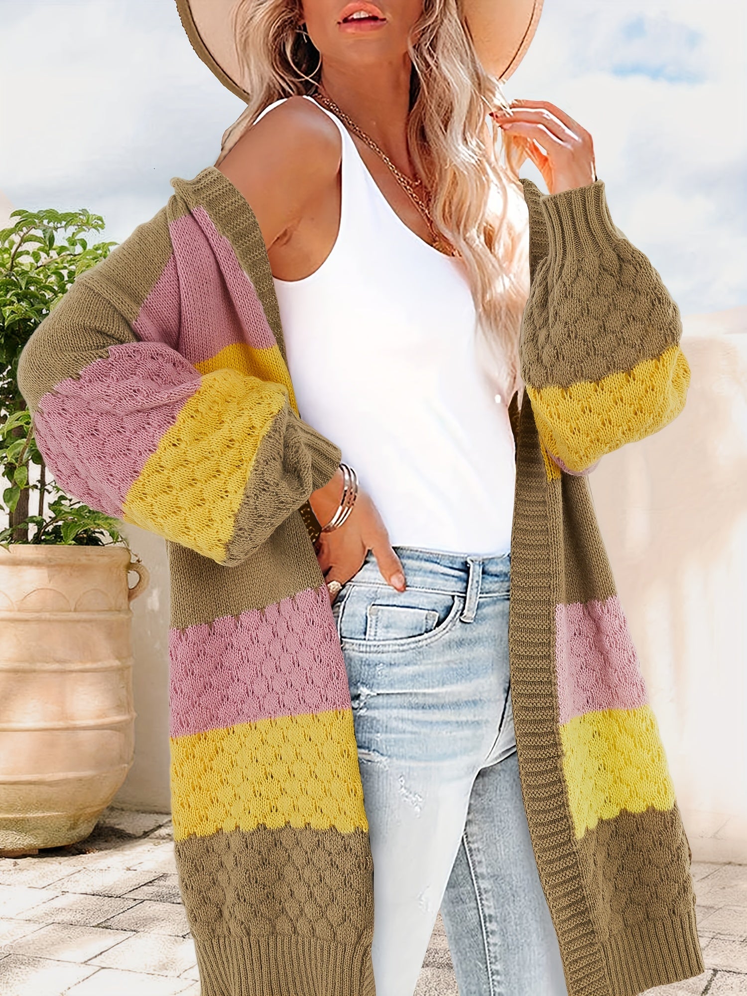  Colorblock Lantern Sleeve Open Front Sweater Cardigan