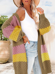  Colorblock Lantern Sleeve Open Front Sweater Cardigan