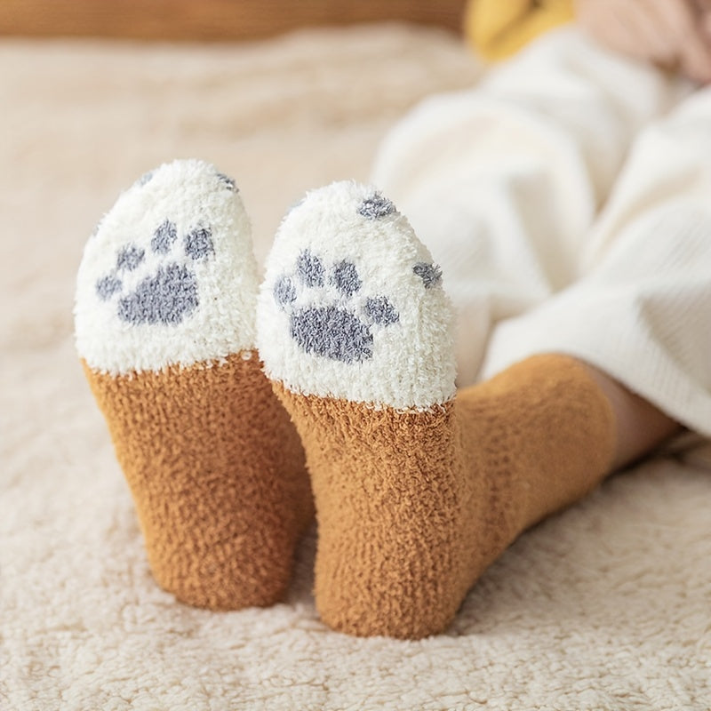 6 Pairs Cat Claw Print Socks Comfy & Fuzzy Warm Hosiery