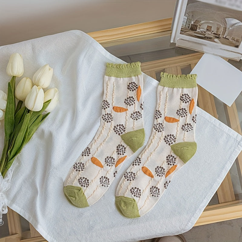 5 Pairs Floral Print Socks Comfy & Mid Tube Socks Women's Stockings