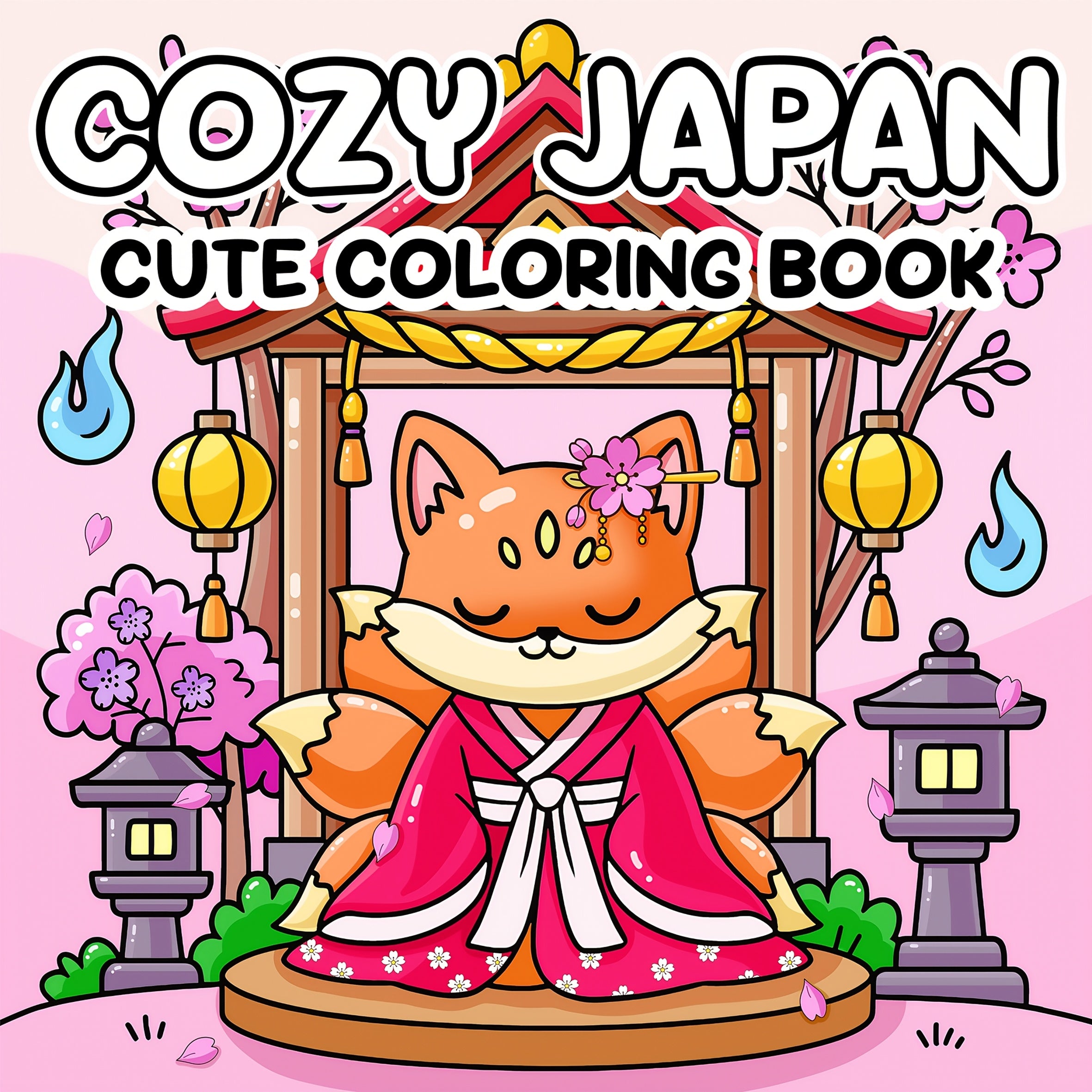 Japanese Anime Coloring Book with Fox in Kimono, Cherry Blossoms & Lanterns