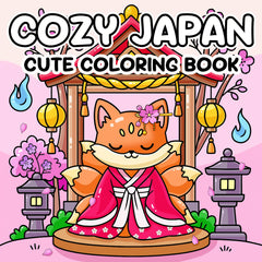 Japanese Anime Coloring Book with Fox in Kimono, Cherry Blossoms & Lanterns