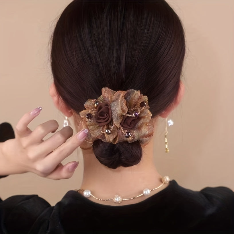 Vintage Mesh Flower Beaded Hair Scrunchie Ponytail Holder