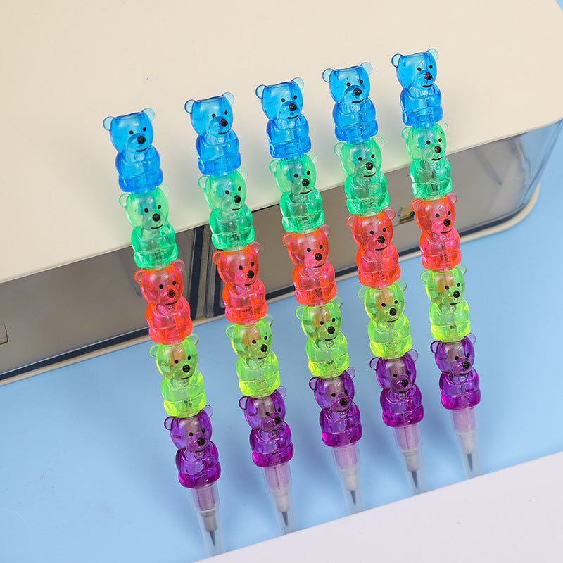 10pcs Bear Shaped Plastic Pencils Multicolor Stackable Ergonomic Grip