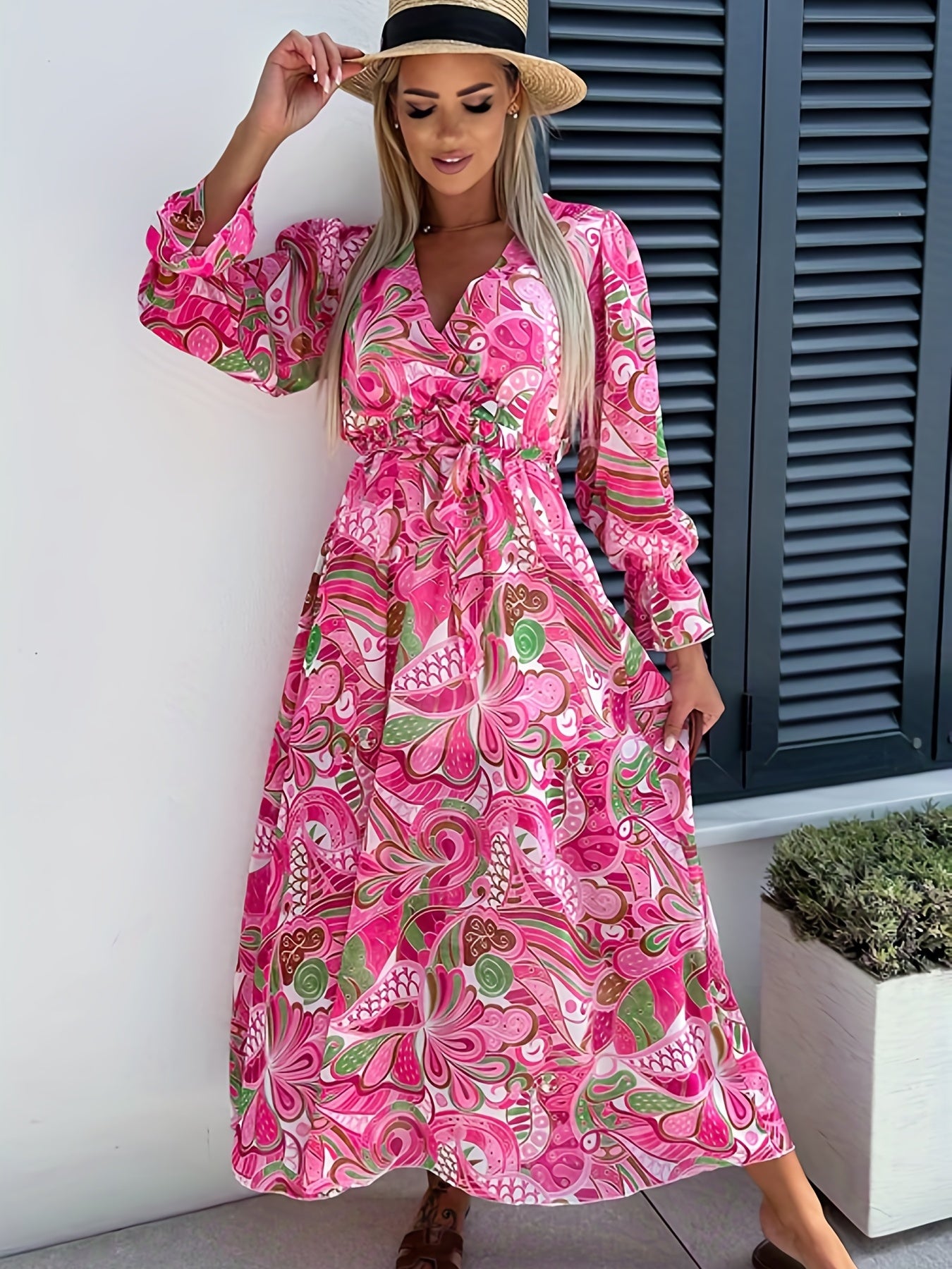  Allover Print Flounce Sleeve Maxi Dress
