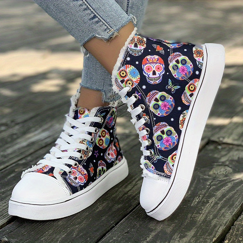 Women's Skull Graphic High Top Canvas Sneakers Lace Up Trainers