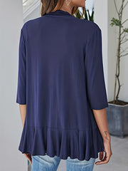  Solid Three Quarter Sleeve Ruffle Open Front Cardigan