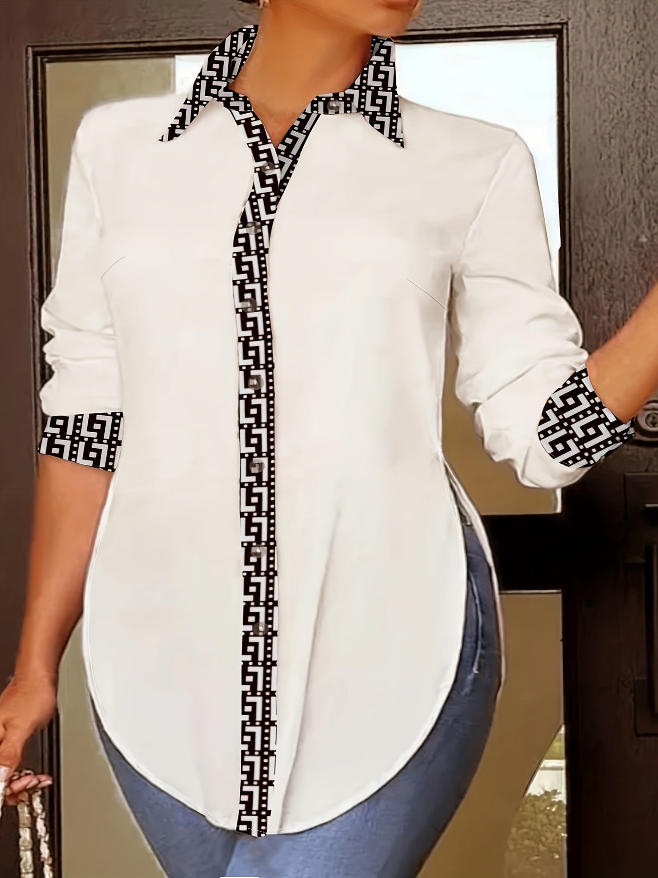 Plus Size Colorblock Geometric Print Button Up Collar Shirt
