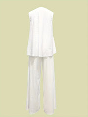 Casual Eyelet Tank Top & Wide Leg Pants Set Women's Outfit