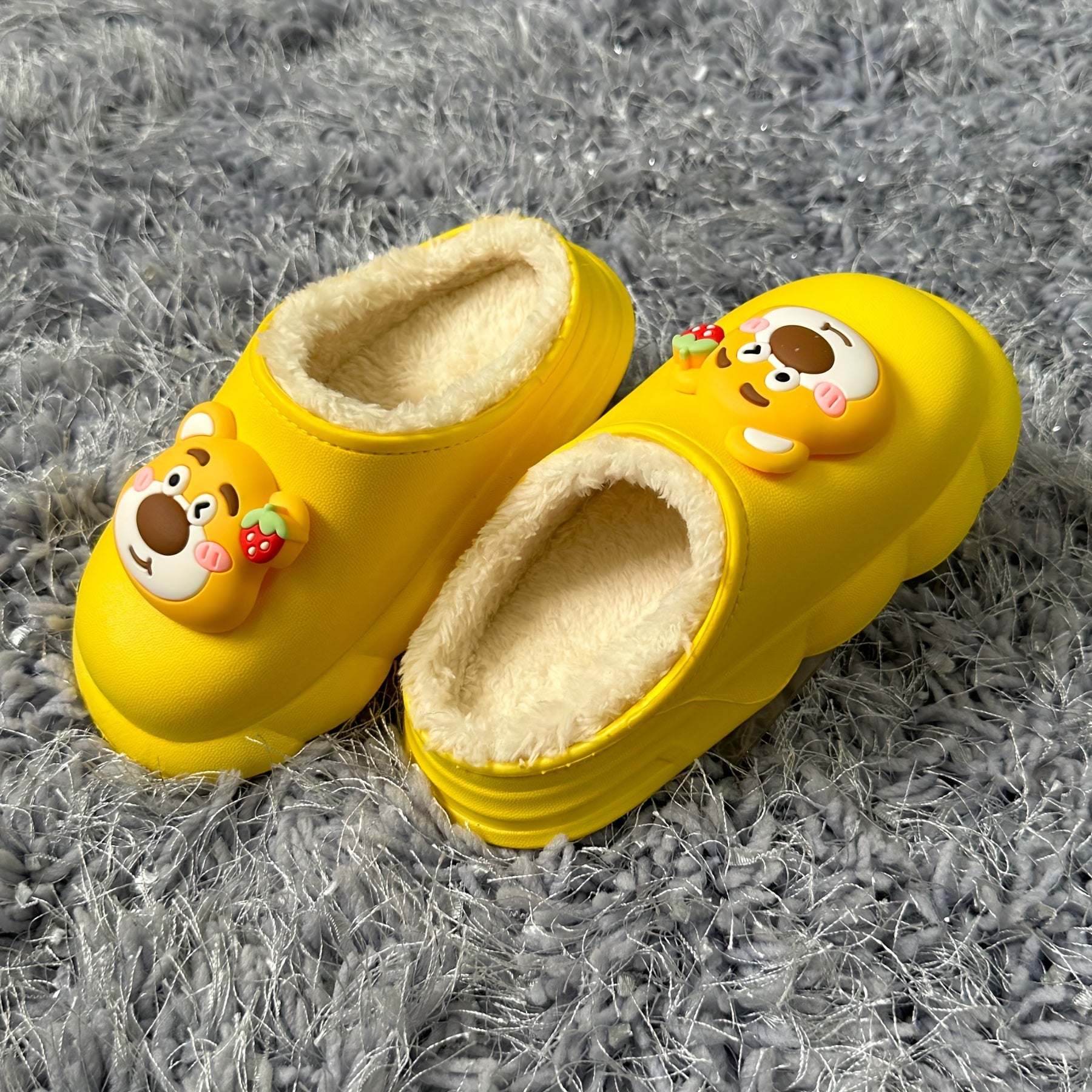 Kids Cartoon Bear Fleece House Shoes, Non-Slip Soft Bottom Indoor Shoes