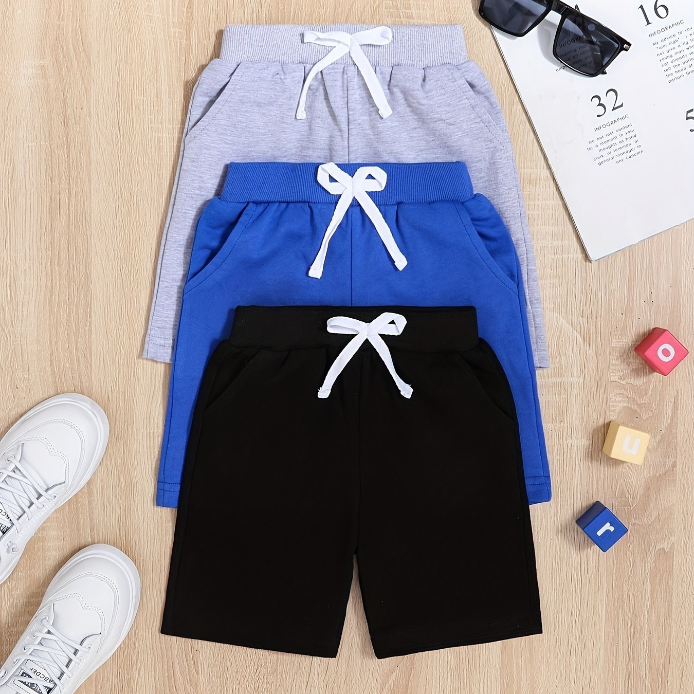 Boy's 3Pcs Solid Shorts For Sports running Summer Drawstring Shorts
