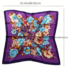 Silky Square Floral Print Scarf Satin Shawl 89x92 Cm