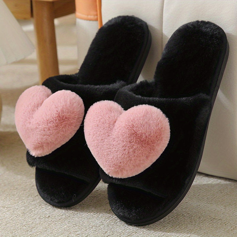 Plush Lined Heart Decor Slippers, Open Toe, Comfortable Indoor Shoes