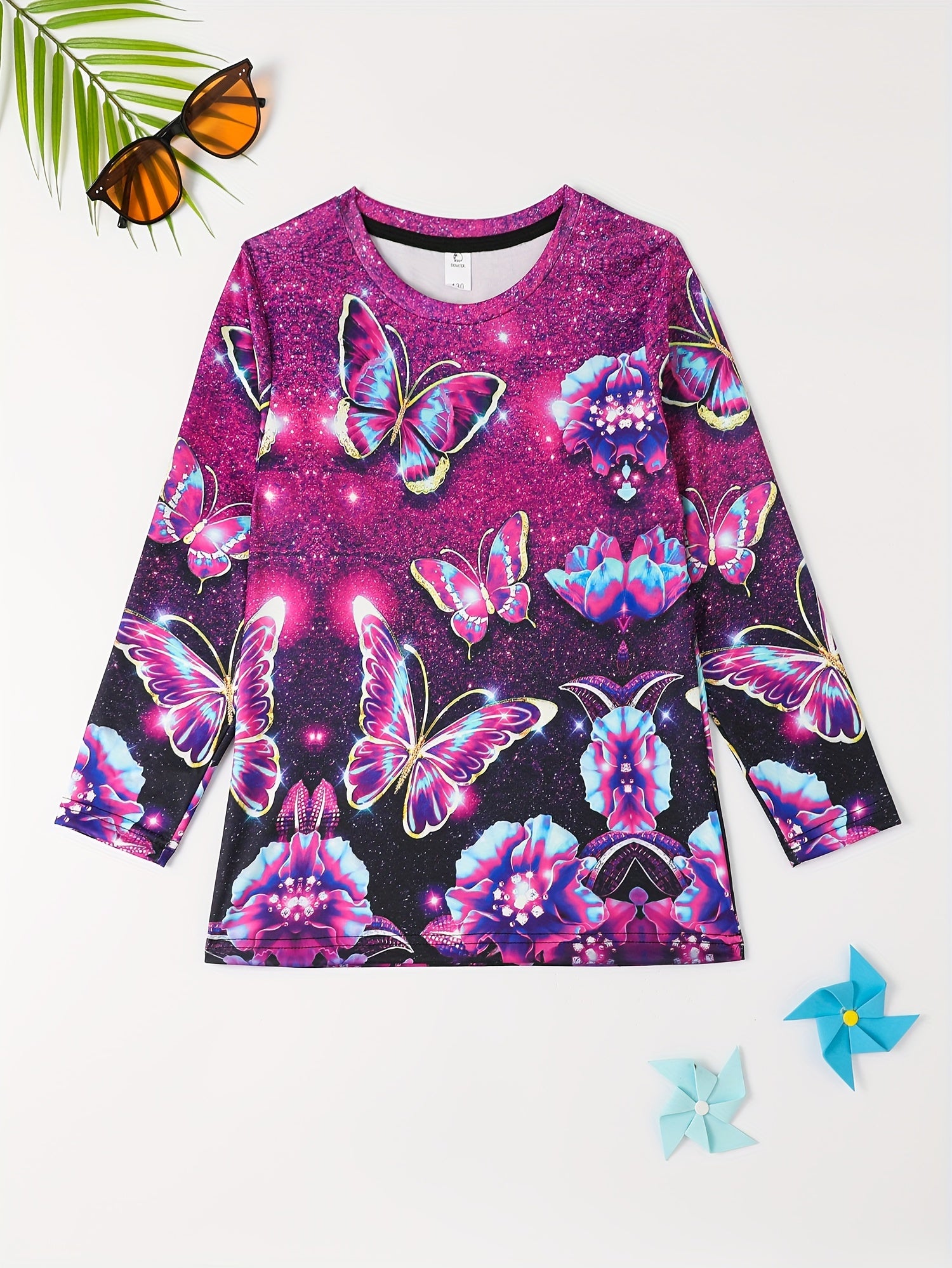 Sequin Butterfly Night Effect Print T shirt Girls' 3D Print Tees For Party
