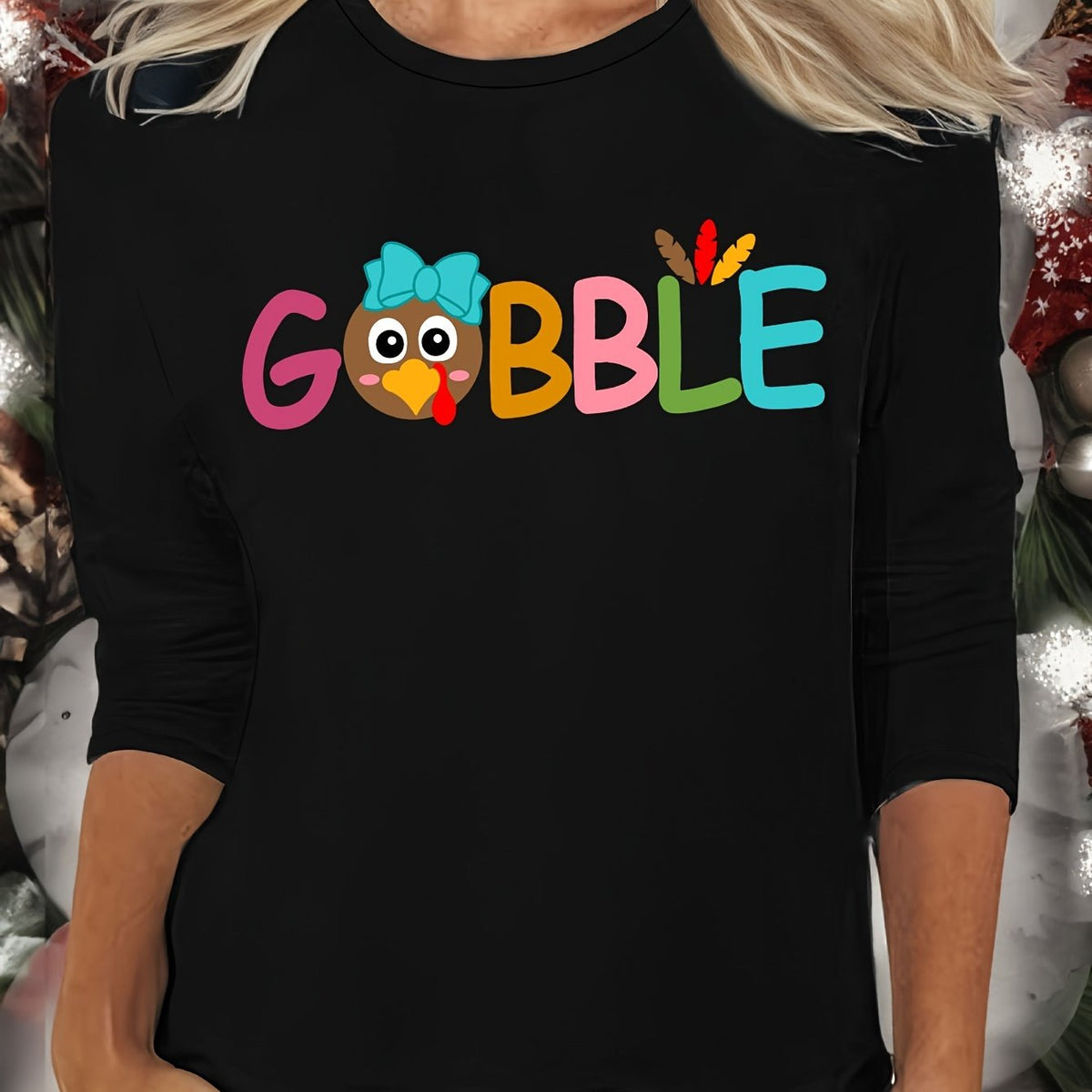 Thanksgiving Print Lounge Top Long Sleeve Crew Neck Women's Loungewear