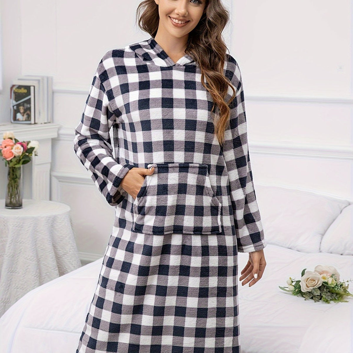 Plaid Fuzzy Hooded Night Robe Colorblock Robe With Pockets