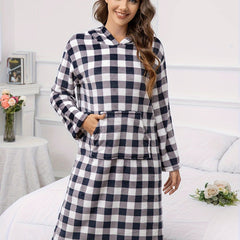 Plaid Fuzzy Hooded Night Robe Colorblock Robe With Pockets