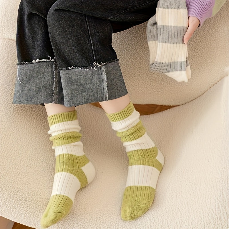 3 Pairs Striped Crew Socks Soft Mid Tube Stockings