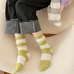 3 Pairs Striped Crew Socks Soft Mid Tube Stockings