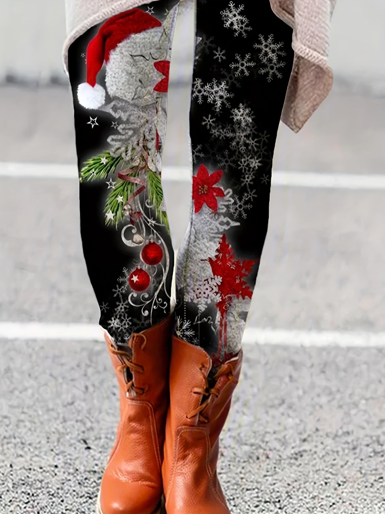  Christmas Leggings Women's Plus Christmas Hat & Snowflake Print