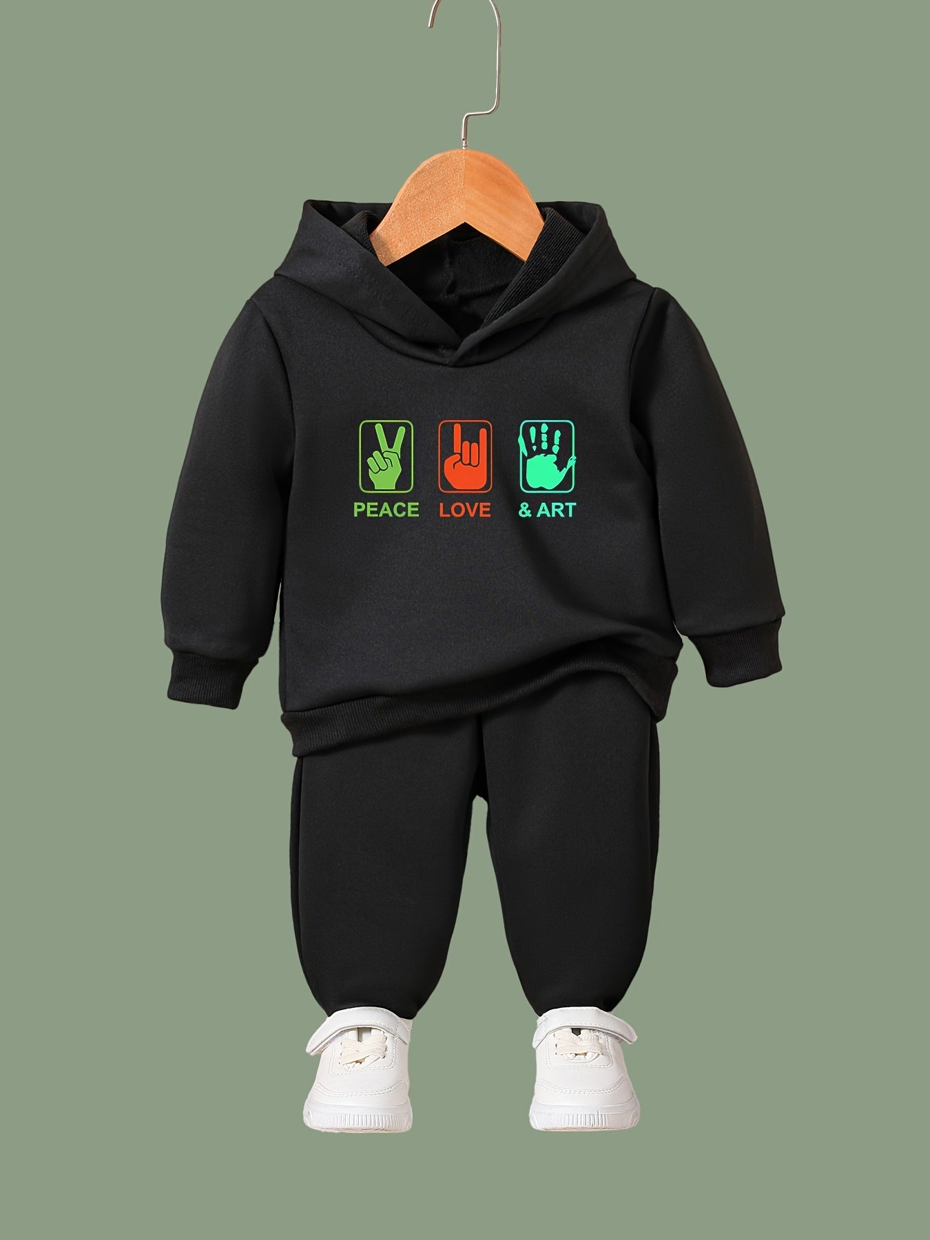 2pcs PEACE LOVE & ART Graphic Hoodies Pants Set Girls