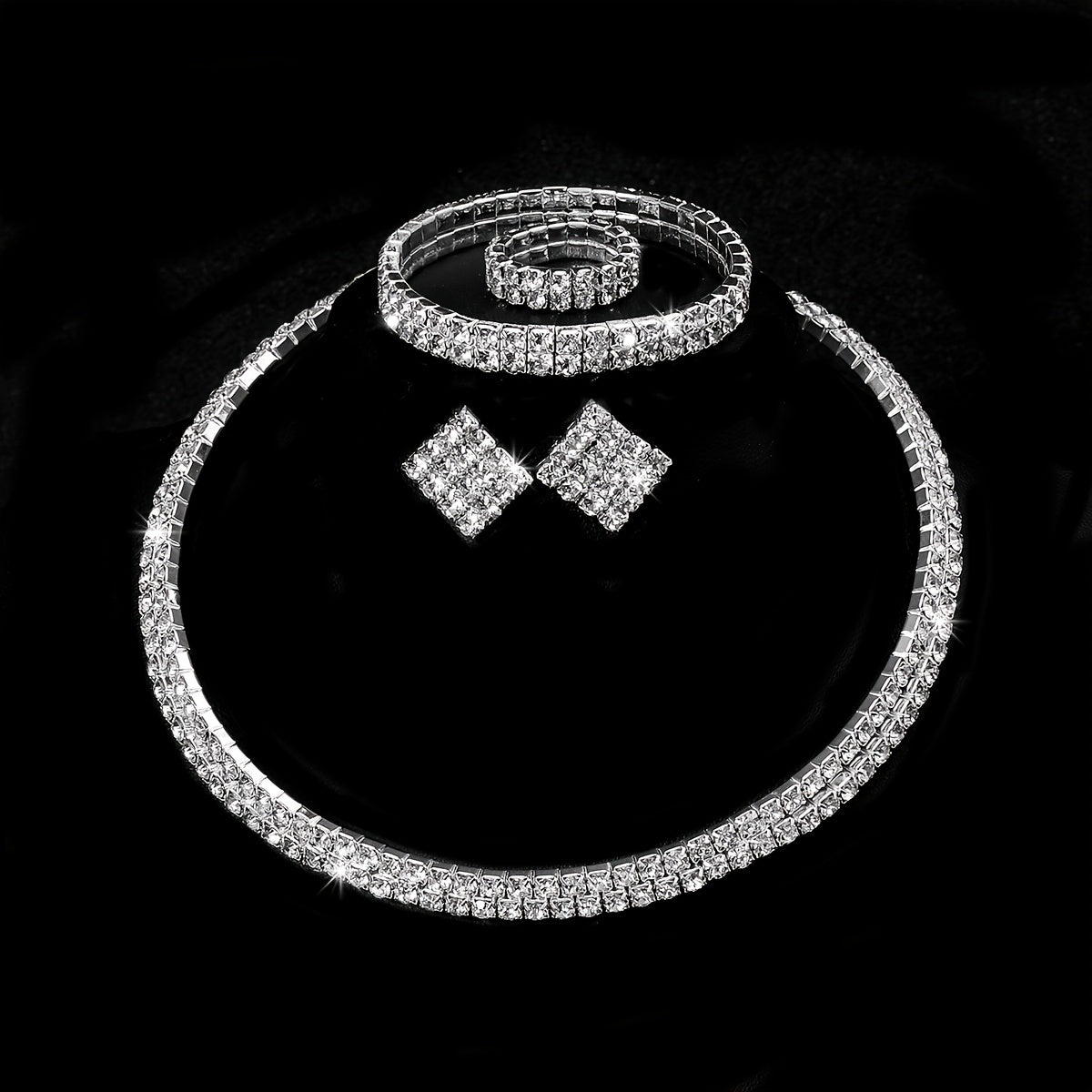 Rhinestone Crystal Jewelry Set: Choker Necklace, Earrings, Bracelet & Ring