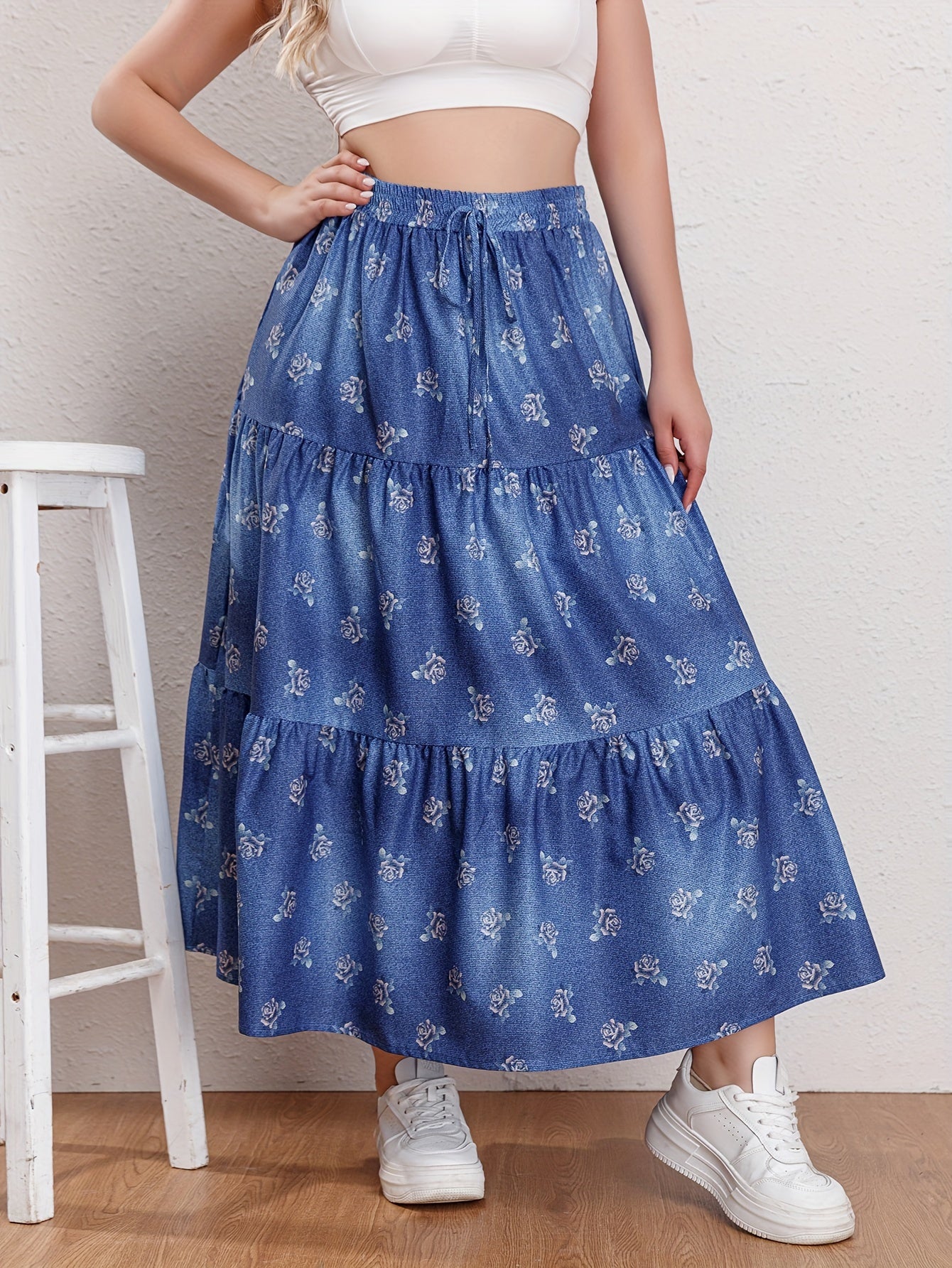 Floral Print Drawstring Elastic Maxi Skirt