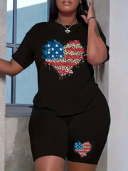  Flag & Leopard Heart Print Crew Neck Top & Shorts Set
