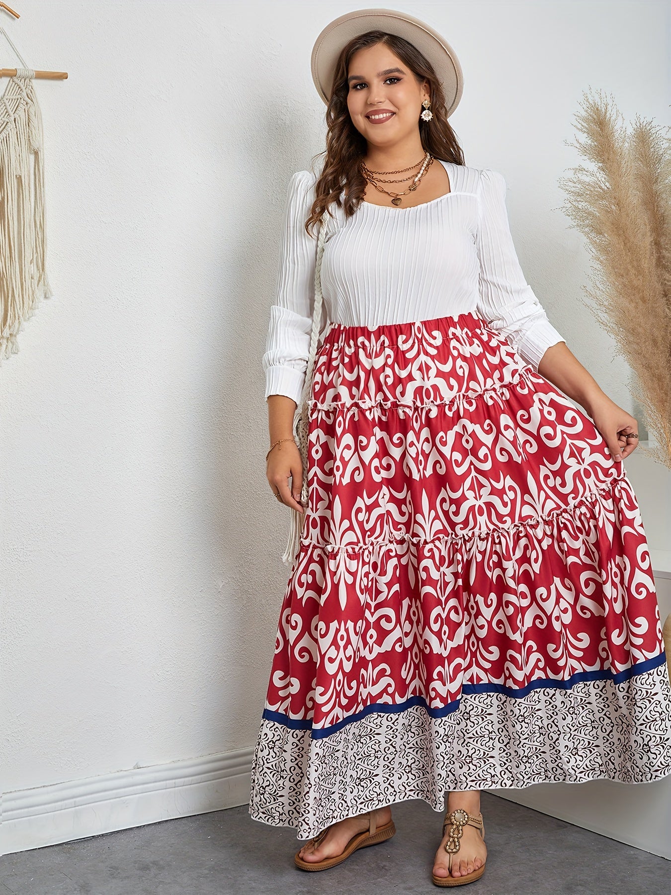  Tribal Print Ruffle Trim Smock Maxi Skirt