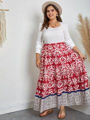  Tribal Print Ruffle Trim Smock Maxi Skirt