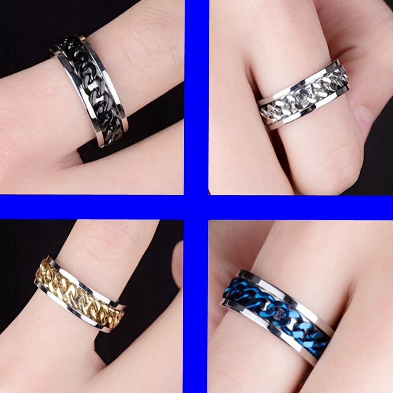 Men's Titanium Steel Chain Decor Rotatable Ring Couple Ring