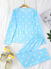 Polka Dots Pajama Set Long Sleeve Round Neck Top And Pants