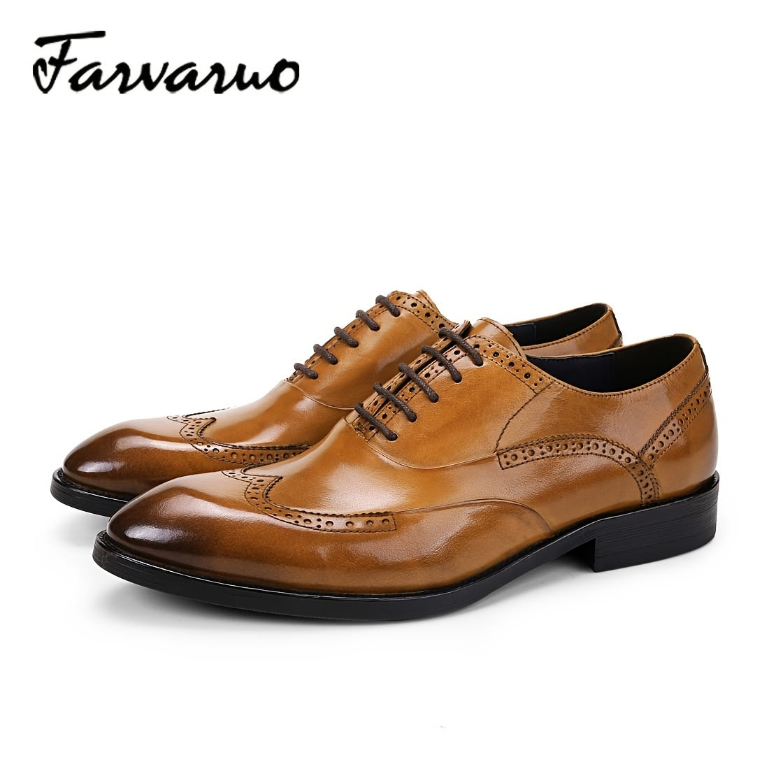 FARWARWO Wingtip Brogue Leather Oxford Shoes Light Brown