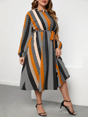  Women's Striped & Polka Dot Print Round Neck Belted Dress