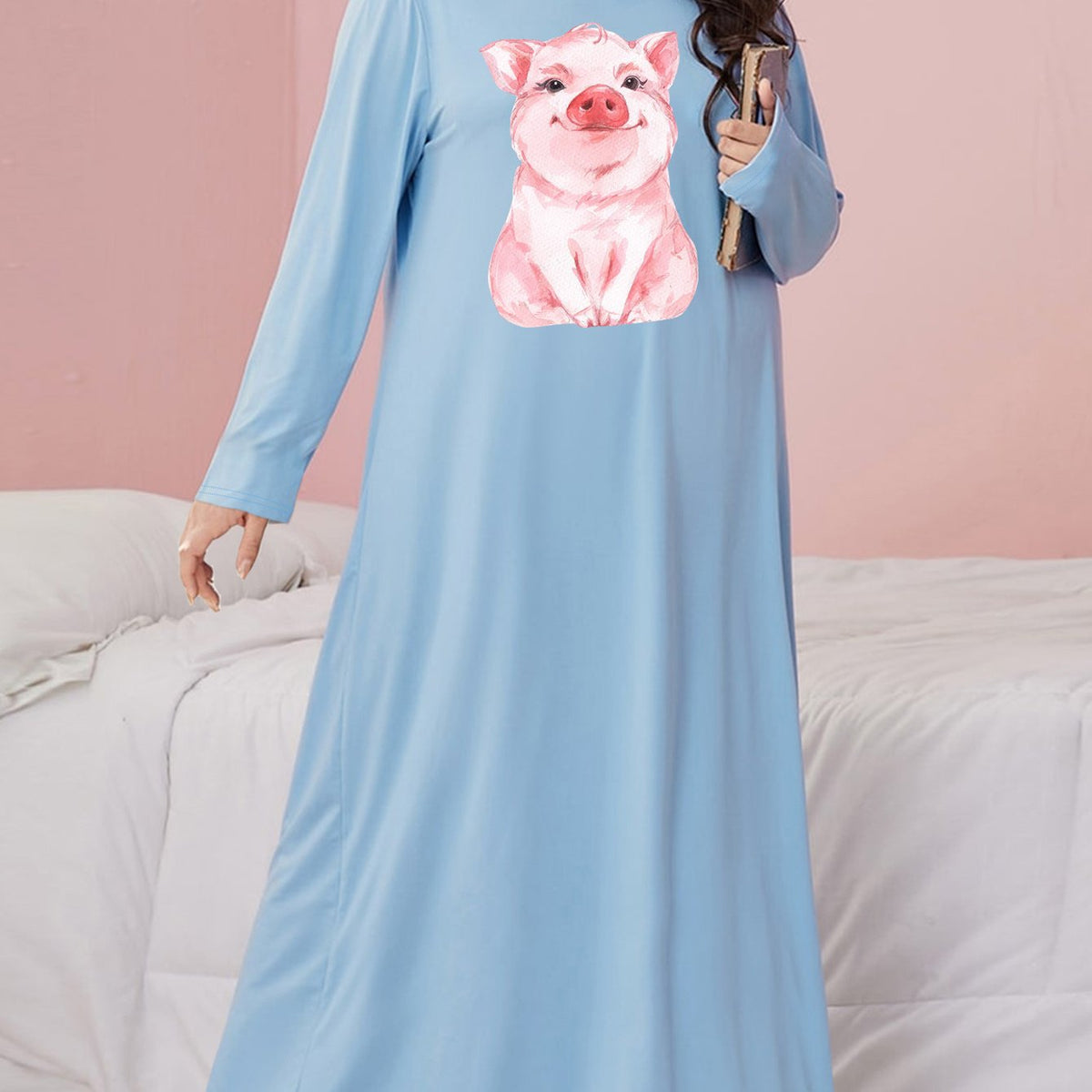  Nightdress Pig Print Long Sleeve Round Neck Stretch Sleep Dress