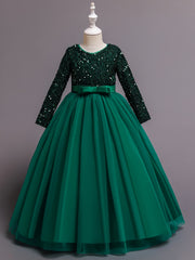 Girls Long Sleeve Tulle Sequined Ball Gown Dress