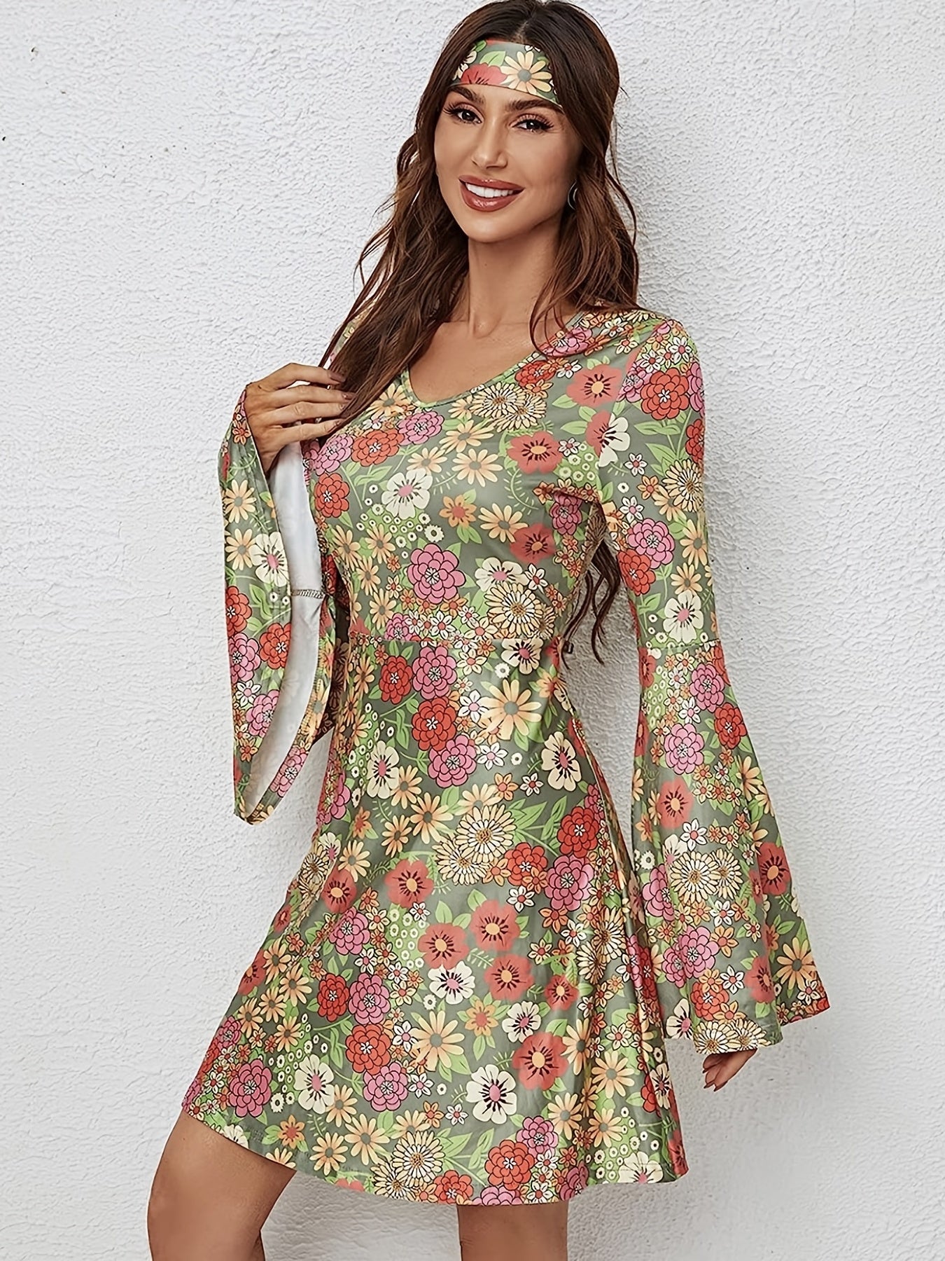  Boho Dress Women's Plus Allover Floral Print Bell Sleeve