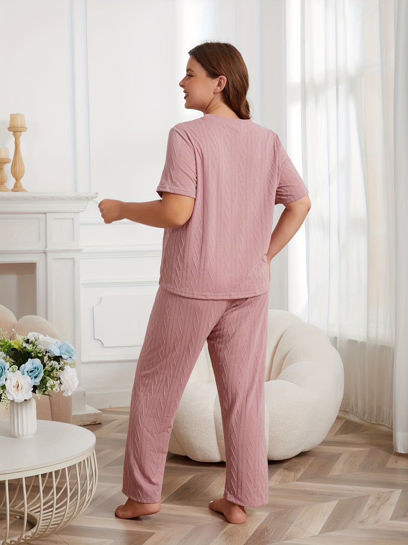  Casual Pajamas Set Solid Textured Short Sleeve Round Neck Top & Pants