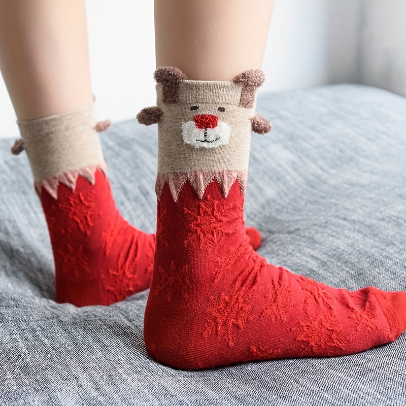 3 Pairs Elk Pattern Socks Comfy Christmas Mid Tube Women's Stockings