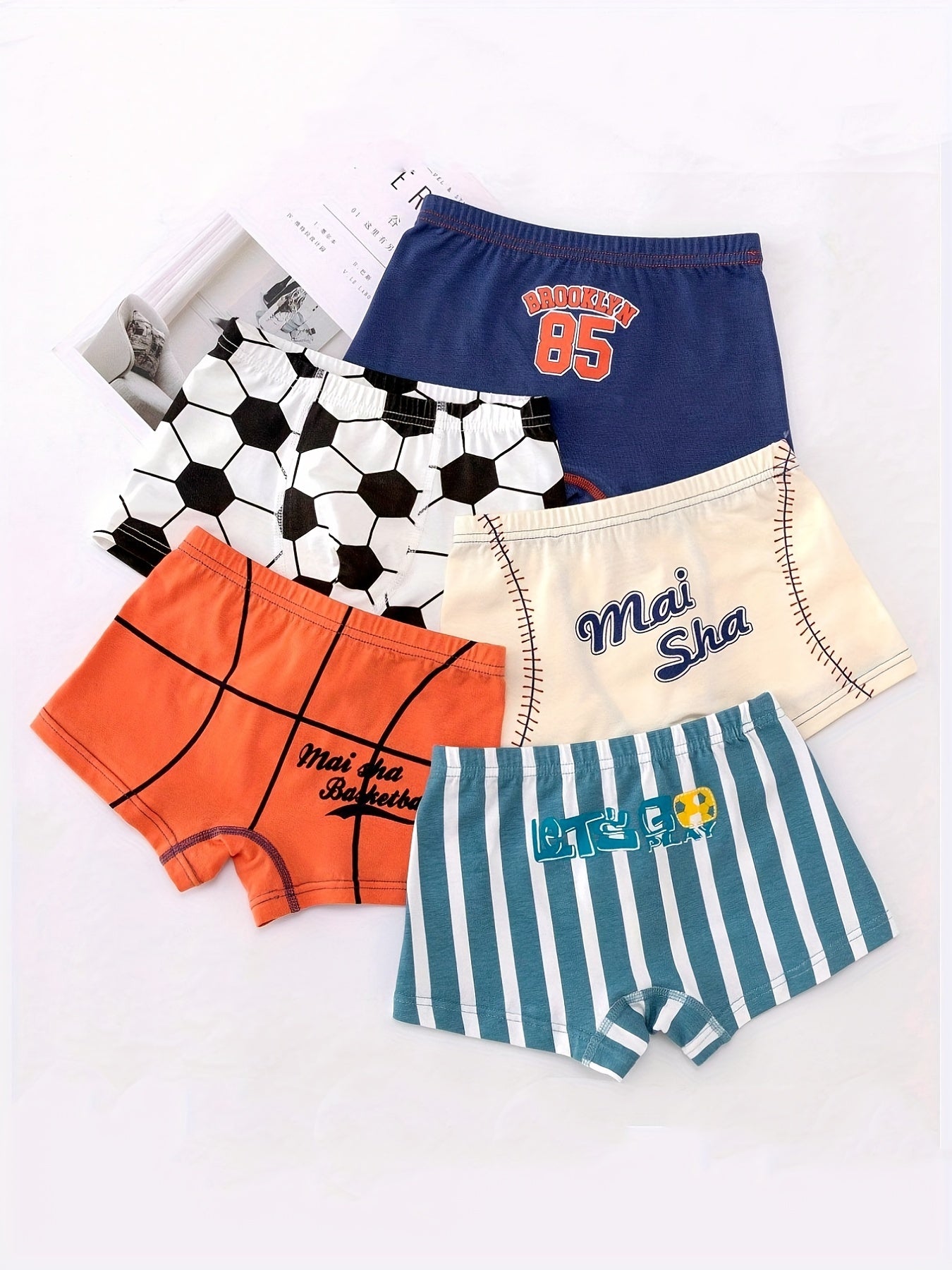 5pcs Letter Sports Print Boys Boxer Briefs Soft Comfortable Kids Clothes