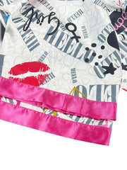  Y2K Pajamas Set Women's Plus Graffiti Print Satin Lounge 2 Piece