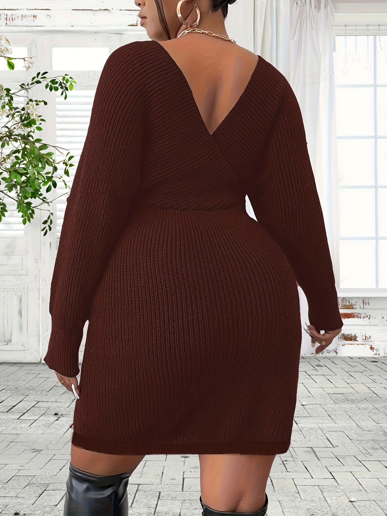  Solid Ribbed Surplice Neck Bat Sleeve Mini Dress